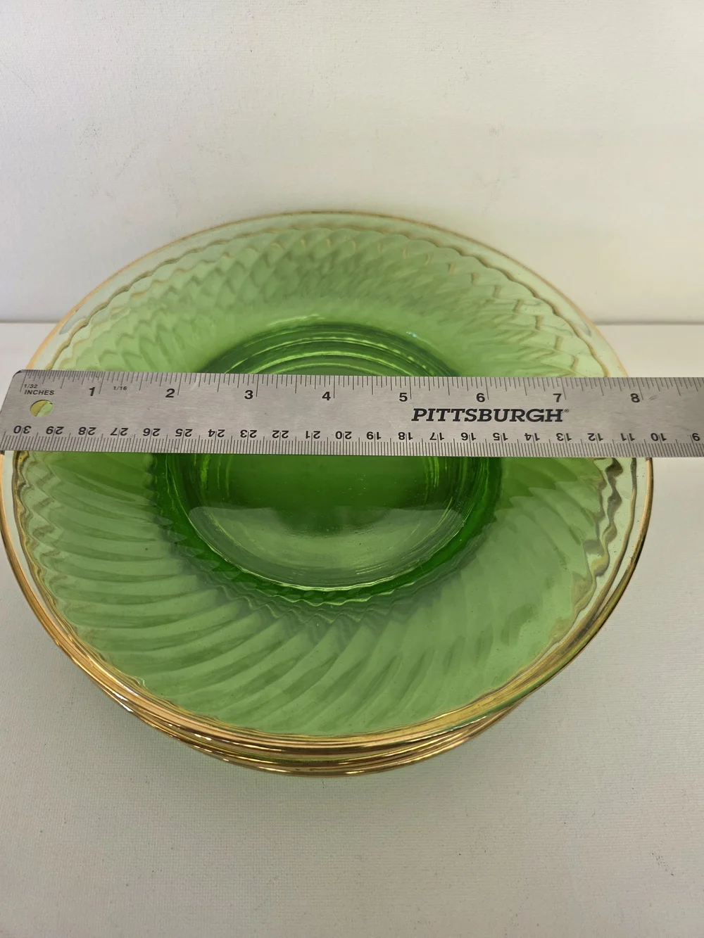 Vintage Hocking Green Glass Dinner Saucers with Gold Rim - Set of 6